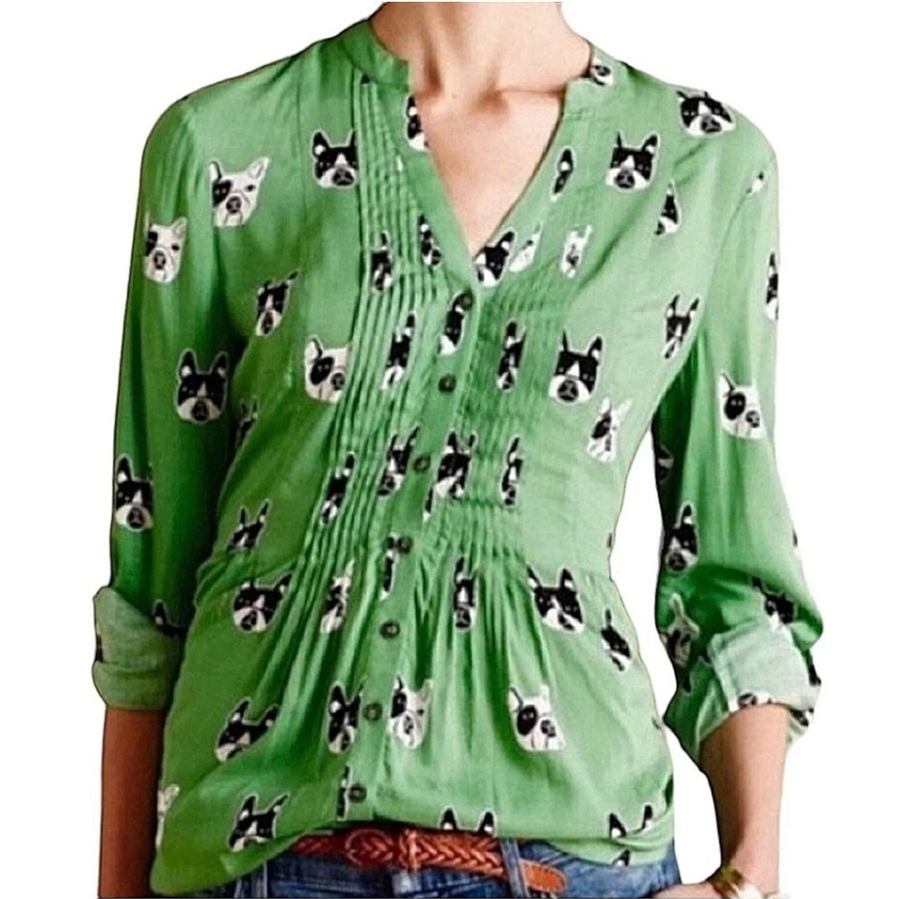 Anthropologie Green Dog Print Pintuck Blouse